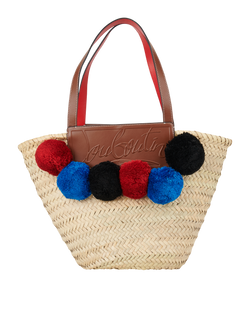 Pom Pom Wicker Tote, Raffia, Beige, MIS, 2*